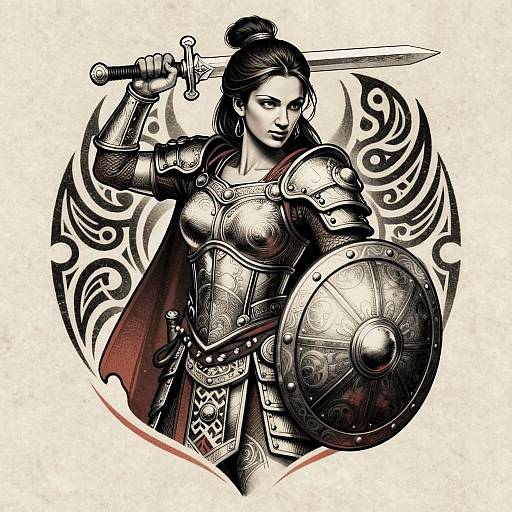 Digital Artwork of Woman Warrior in Intricate Medieval Armor with Sword and Shield