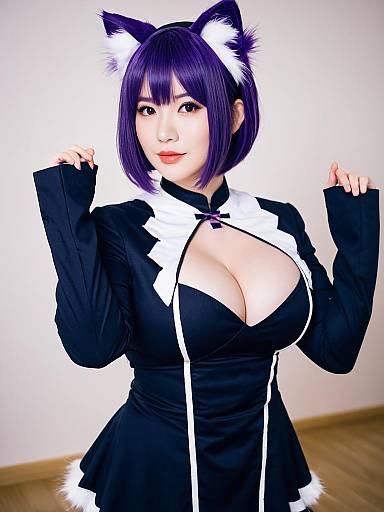 Onigiri Nekomata Okayu Cosplay with Purple Hair and Cat Ears in Maid Outfit