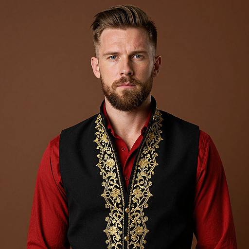 Bearded Man Wearing Embroidered Black Vest Over Red Shirt Portrait