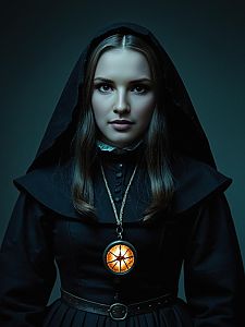 Woman in Traditional Nun-Style Hooded Outfit with Glowing Star Pendant