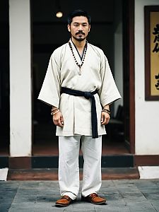 Man in Traditional Martial Arts Gi with Black Belt and Beaded Necklace