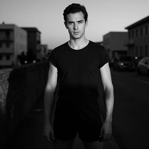 Black and White Portrait of Young Man in Urban Evening Setting