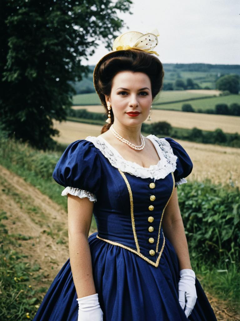 Photorealistic Portrait of Woman in Elegant Miss Elizabeth Costume Outdoors