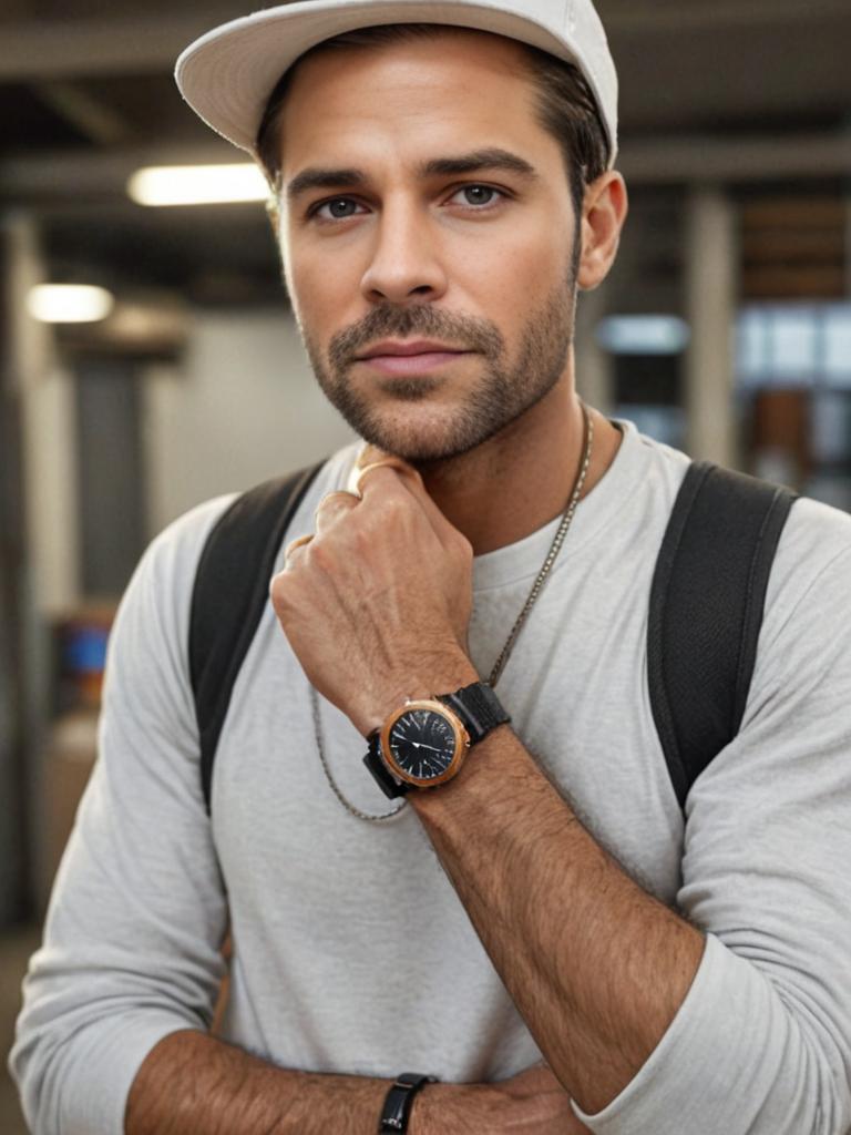 Stylish man in white cap and black watch with backpack