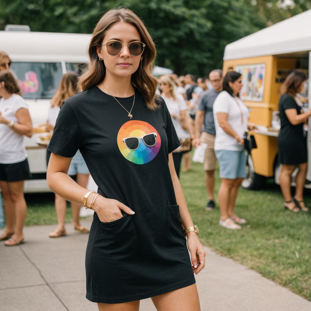 Stylish Woman in Rainbow T-Shirt at Outdoor Event