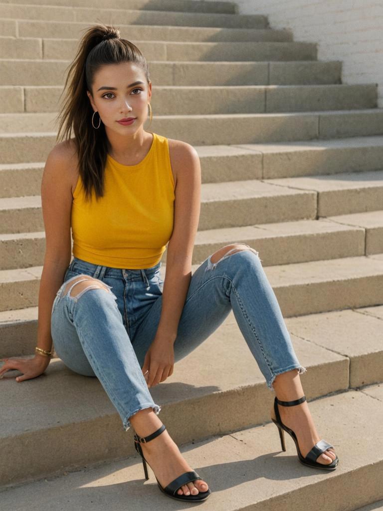 Stylish Woman on Outdoor Steps in Casual Outfit