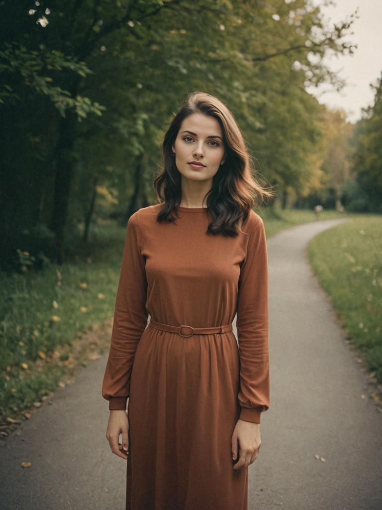 Elegant woman in park with 3M analog film aesthetic