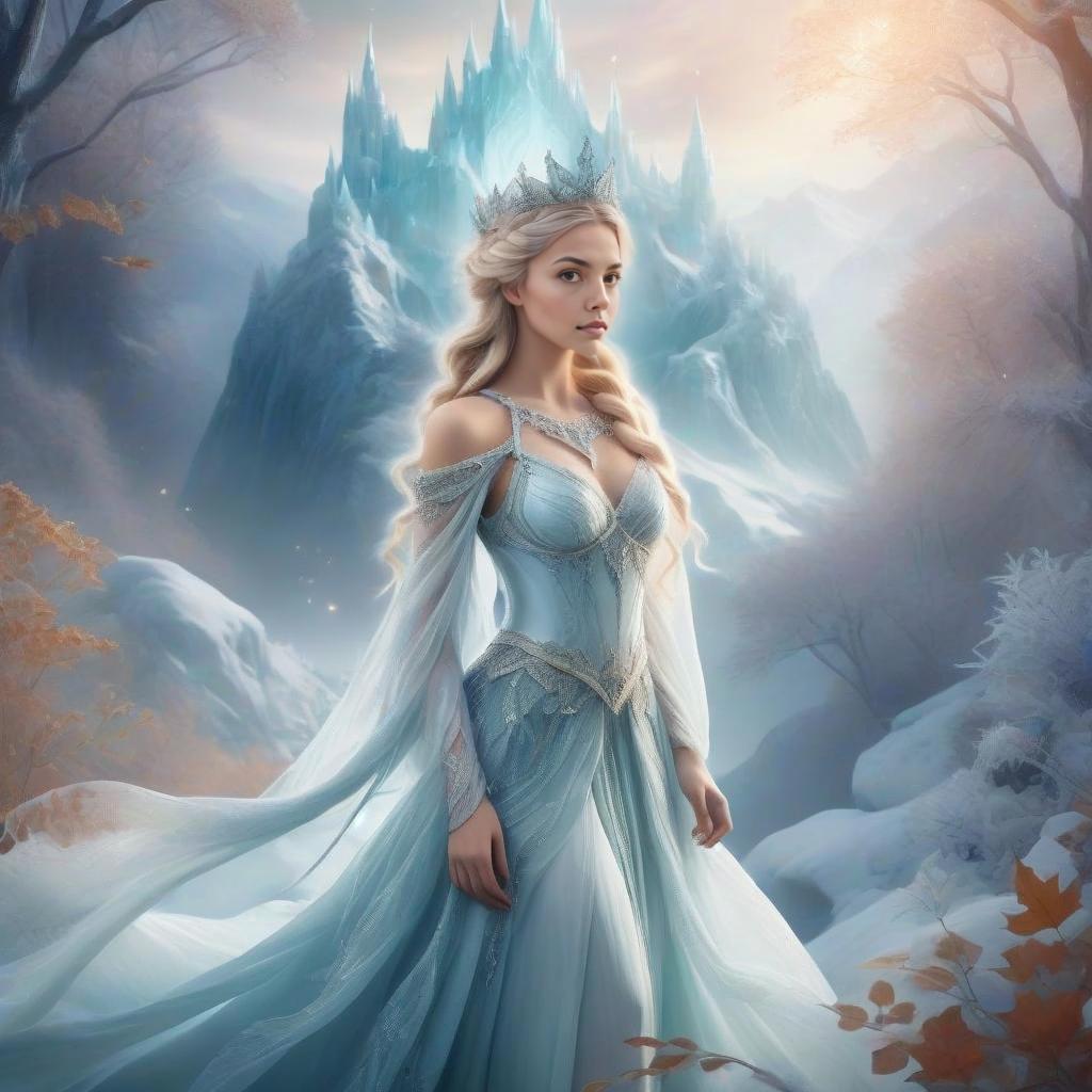 Elegant Woman in Icy Blue Gown in Snowy Landscape