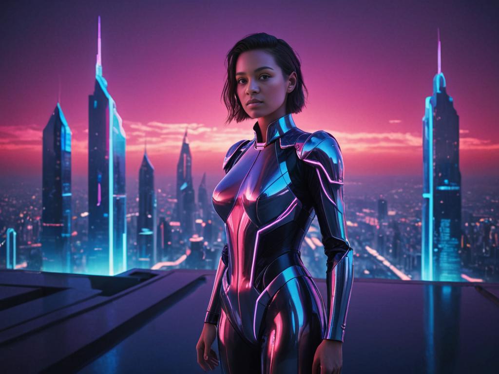 Futuristic Female in High-Tech Suit with Neon Cityscape