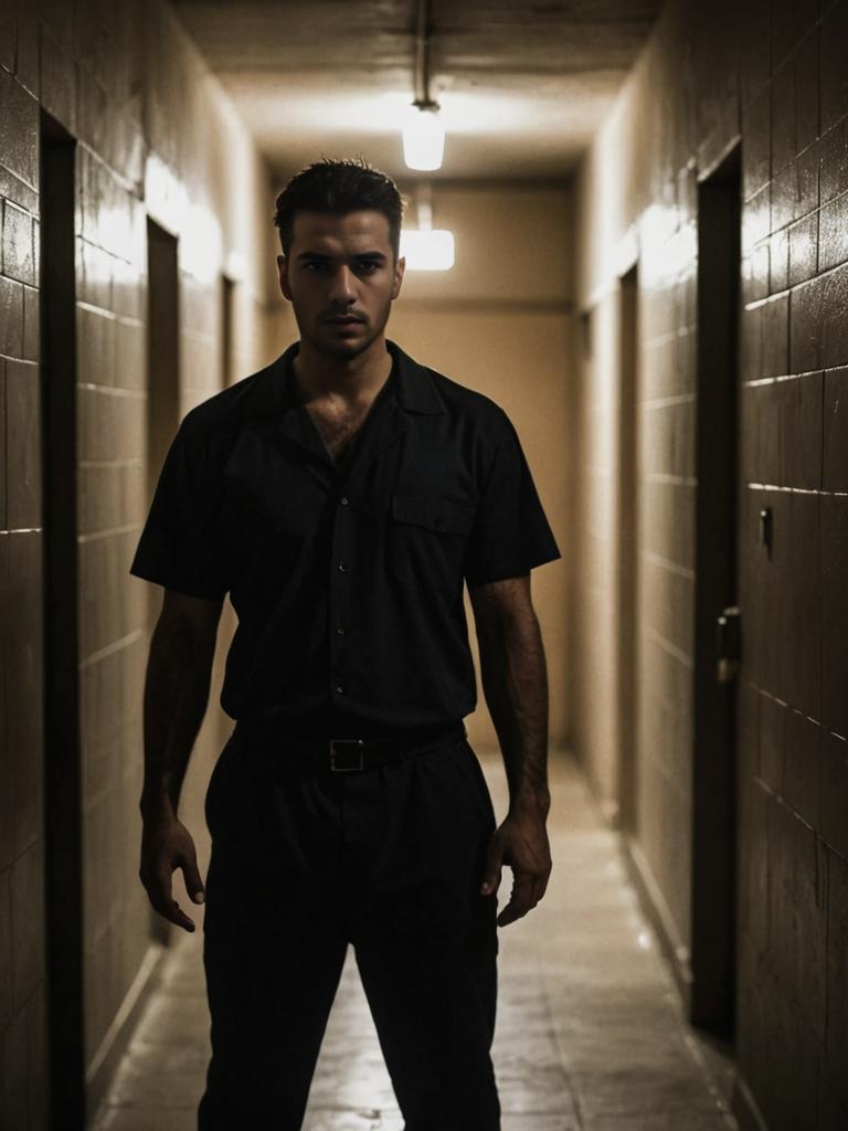 Man in Prisoner Clothes in Dimly Lit Jail Hallway