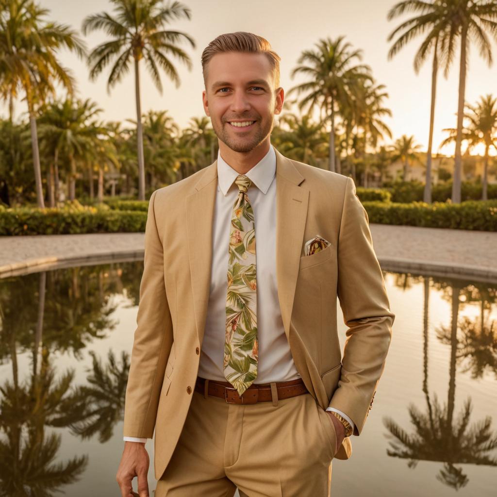 Man in Tan Suit by Serene Pond at Sunset