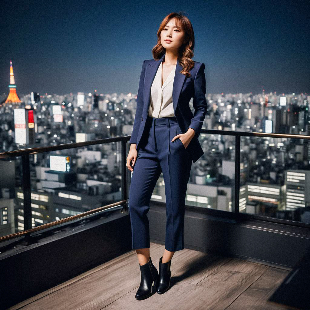 Confident Woman on Balcony Overlooking Vibrant Cityscape at Night Confident Woman on Balcony Overlooking Vibrant Cityscape at Night