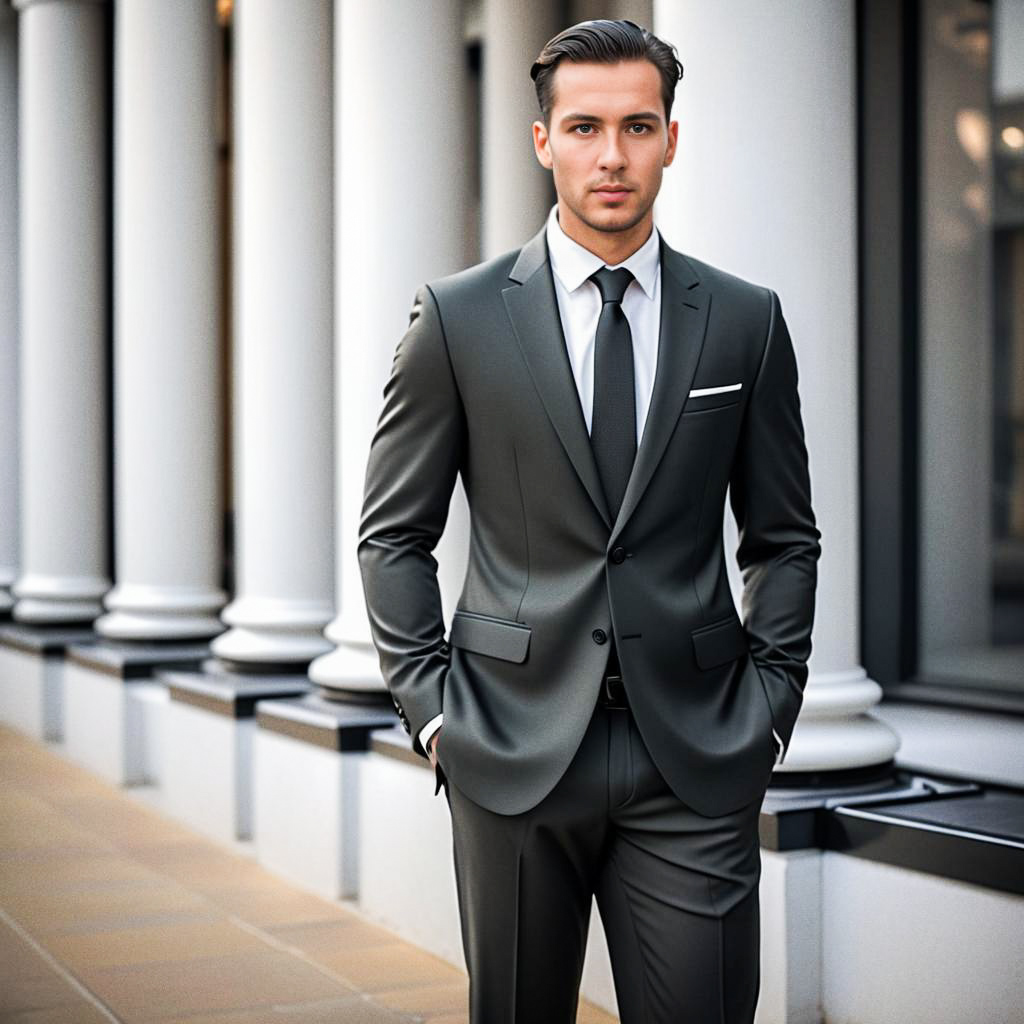 Stylish Man in Grey Suit Outside Modern Building