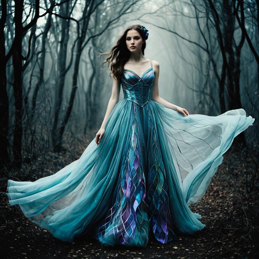 Woman in Flowing Blue Fantasy Gown in Misty Forest
