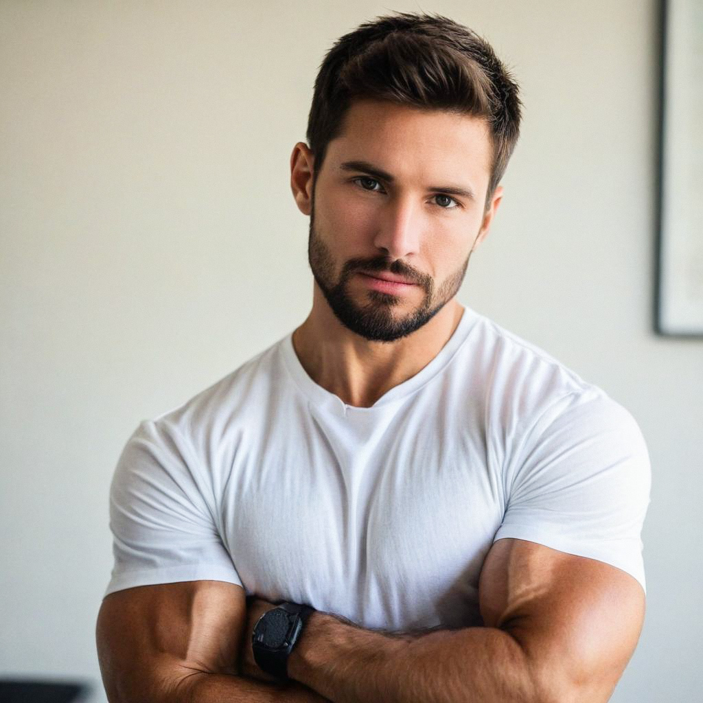 Confident Man with Beard in White T-Shirt