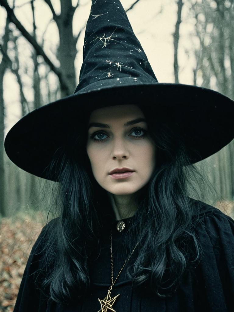 Mysterious Woman in Witch Costume with Pointed Hat in Forest