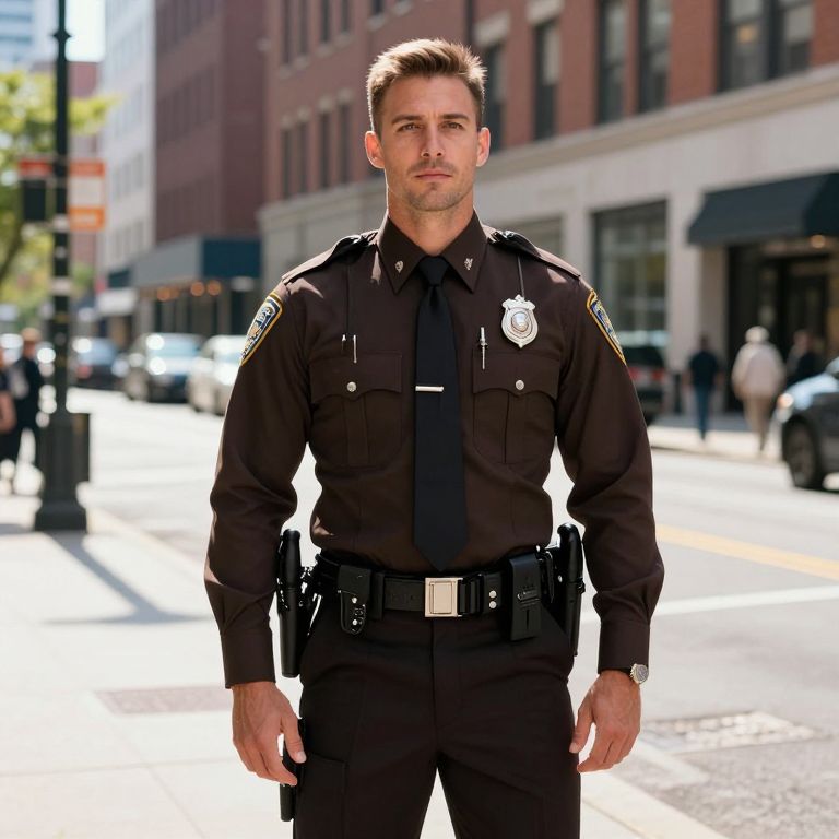 Male Police Officer in Uniform Standing on City Street