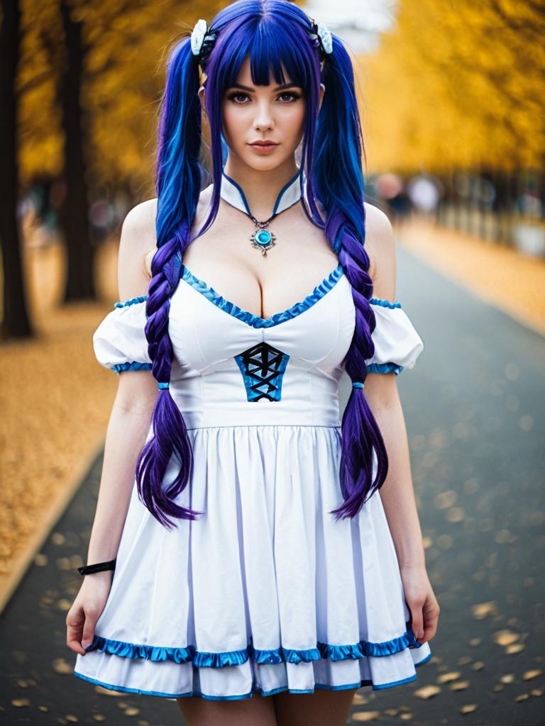 Woman in Blue Braided Hair and White Blue Fantasy Costume on Autumn Path