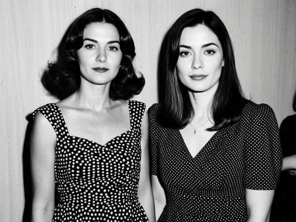 Two Women in Stylish Polka Dot Dresses Black and White Portrait