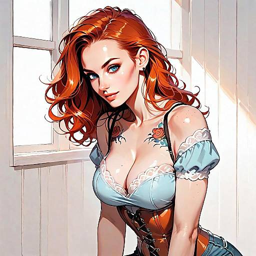 Digital Fantasy Illustration of Red-Haired Woman in Corset with Tattoos