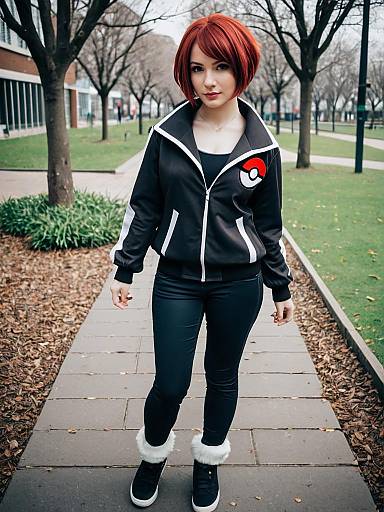 Young Woman Wearing Pokémon-Inspired Jacket with Red Hair Outdoors