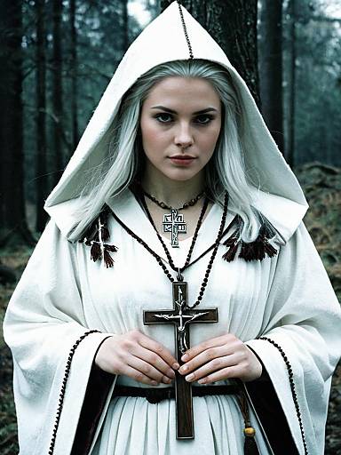 Woman in White Witch Narnia Costume Holding Cross Necklace in Forest