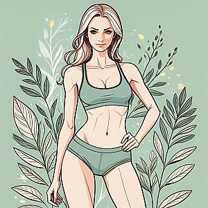 Confident Woman in Green Sportswear with Botanical Background