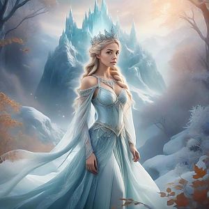 Elegant Woman in Icy Blue Gown in Snowy Landscape