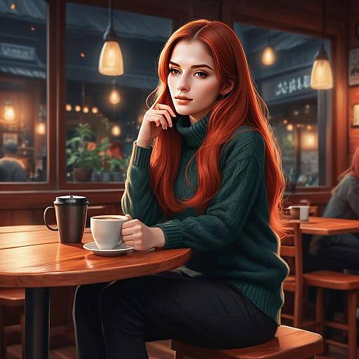 Thoughtful Young Woman Drinking Coffee in Cozy Café
