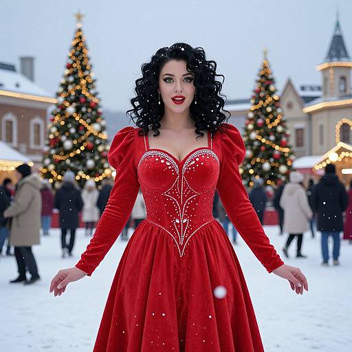 Elegant Woman in Red Velvet Dress with Christmas Trees and Snow