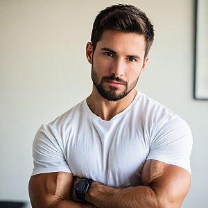 Confident Man with Beard in White T-Shirt