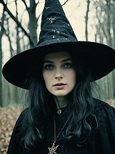 Mysterious Woman in Witch Costume with Pointed Hat in Forest