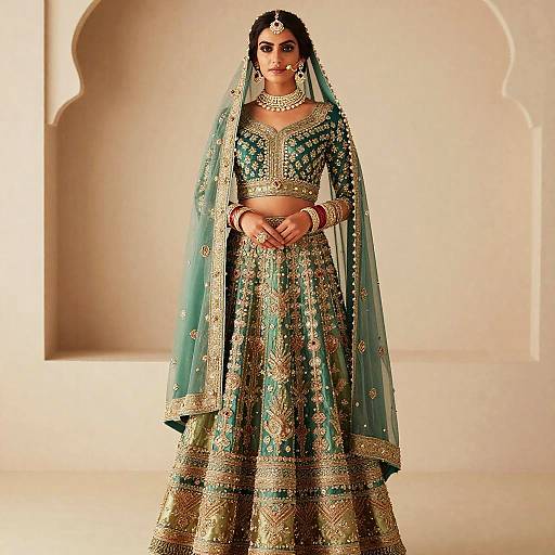 Elegant Green and Gold Indian Pakistani Wedding Lehenga Dress with Gold Embroidery