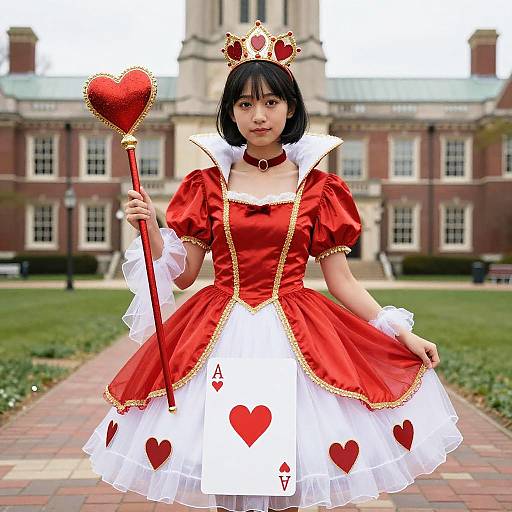 Queen of Hearts Cosplay in Red and White Costume Holding Heart Scepter