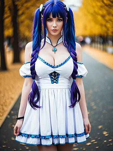 Woman in Blue Braided Hair and White Blue Fantasy Costume on Autumn Path