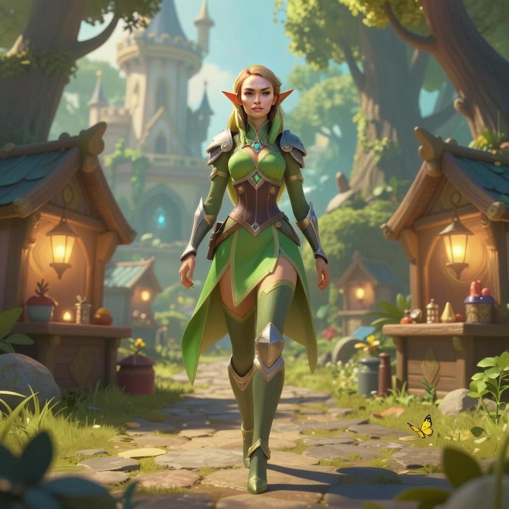 Elven Woman in Green Fantasy Armor Walking Through Medieval Village