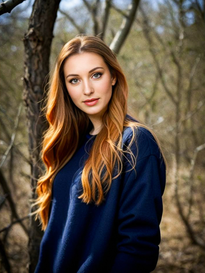 Young Woman in Navy Sweater Among Trees