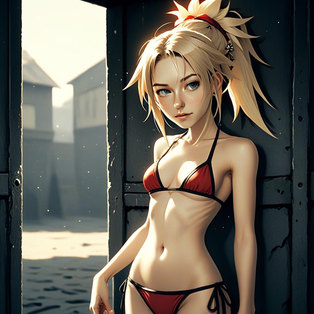 Anime Style Blonde Woman in Red Bikini Swimsuit by Doorframe