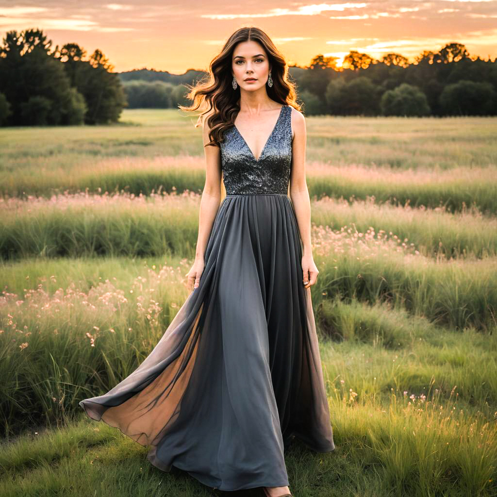 Elegant Woman in Gray Gown at Sunset