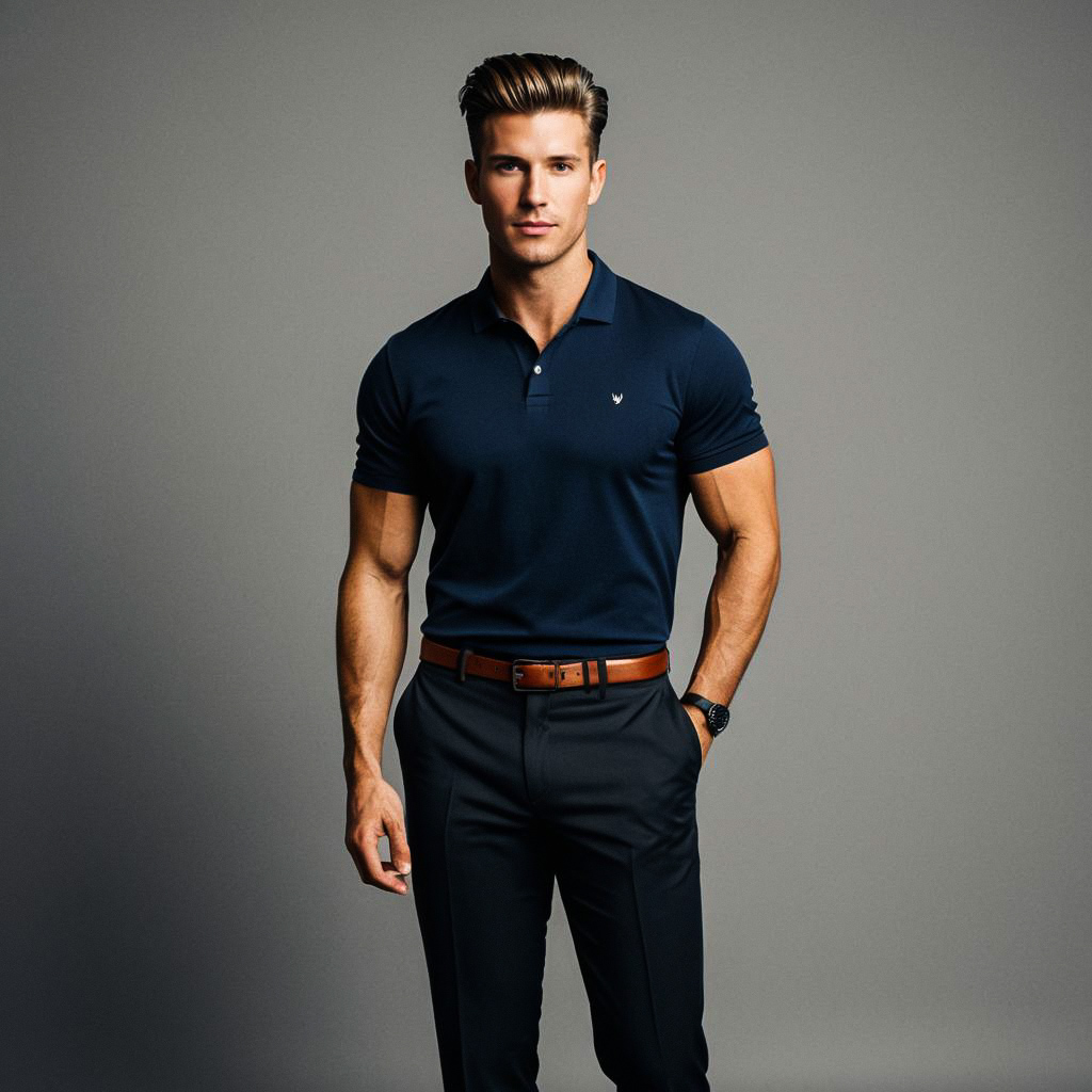 Confident Man in Navy Polo and Black Pants Confident Man in Navy Polo and Black Pants