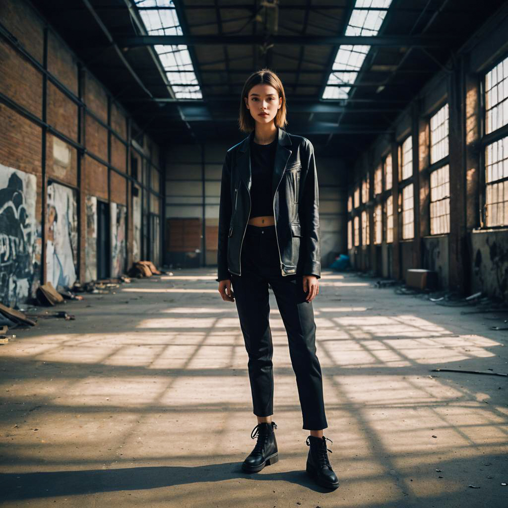 Young Woman in Black Leather Jacket Posing in Abandoned Industrial Warehouse