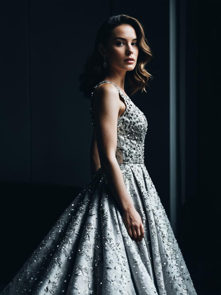 Elegant Woman in Silver Gown Cinematic Fashion Portrait