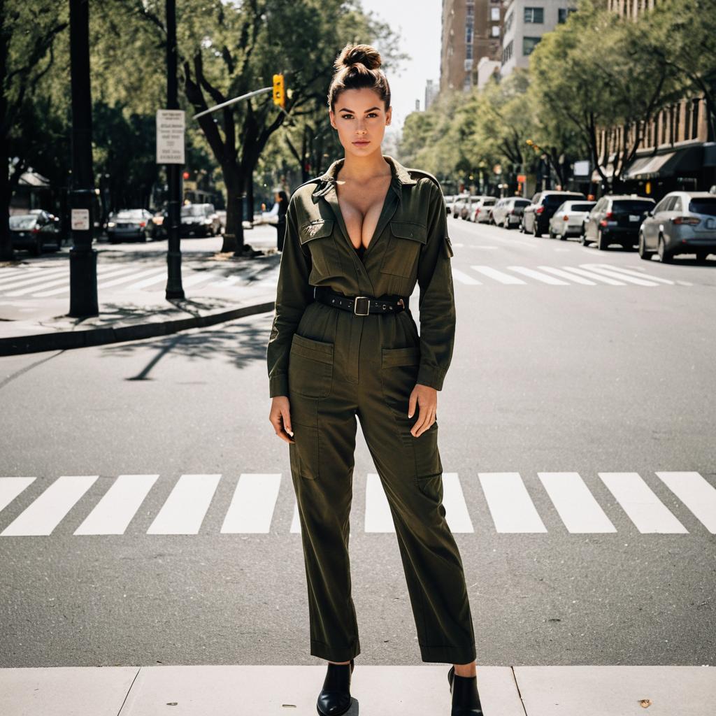 Stylish Woman in Olive Green Jumpsuit Standing on City Crosswalk