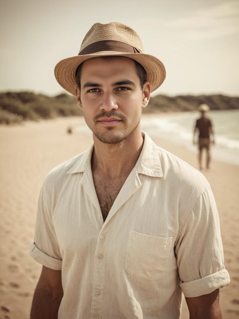 Man in Casual Beach Attire on Sand