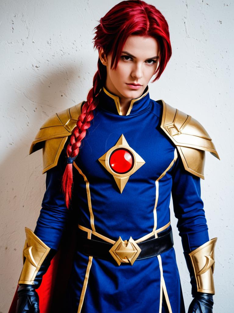 Fantasy Hero Woman in Royal Blue and Gold Armor with Red Hair Braid