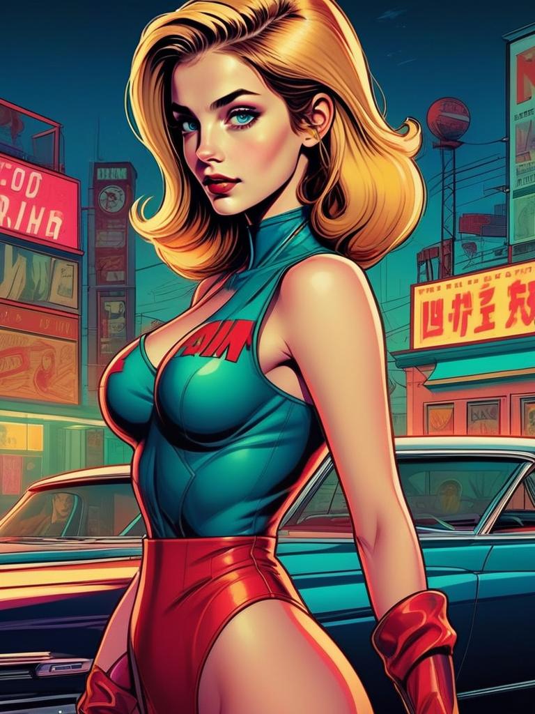 Confident Blonde Woman in Futuristic Outfit with Vintage Car
