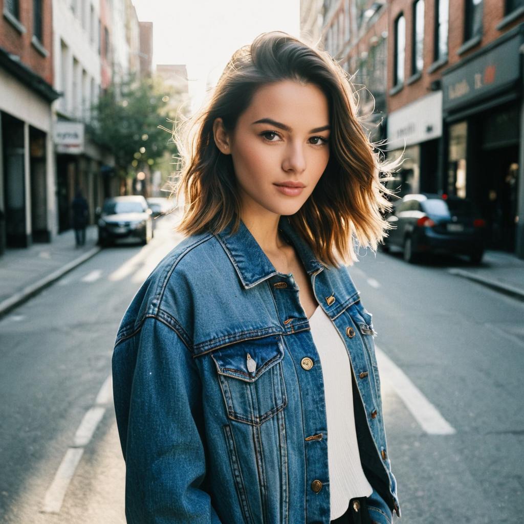 Stylish Young Woman in Denim Jacket on Urban Street