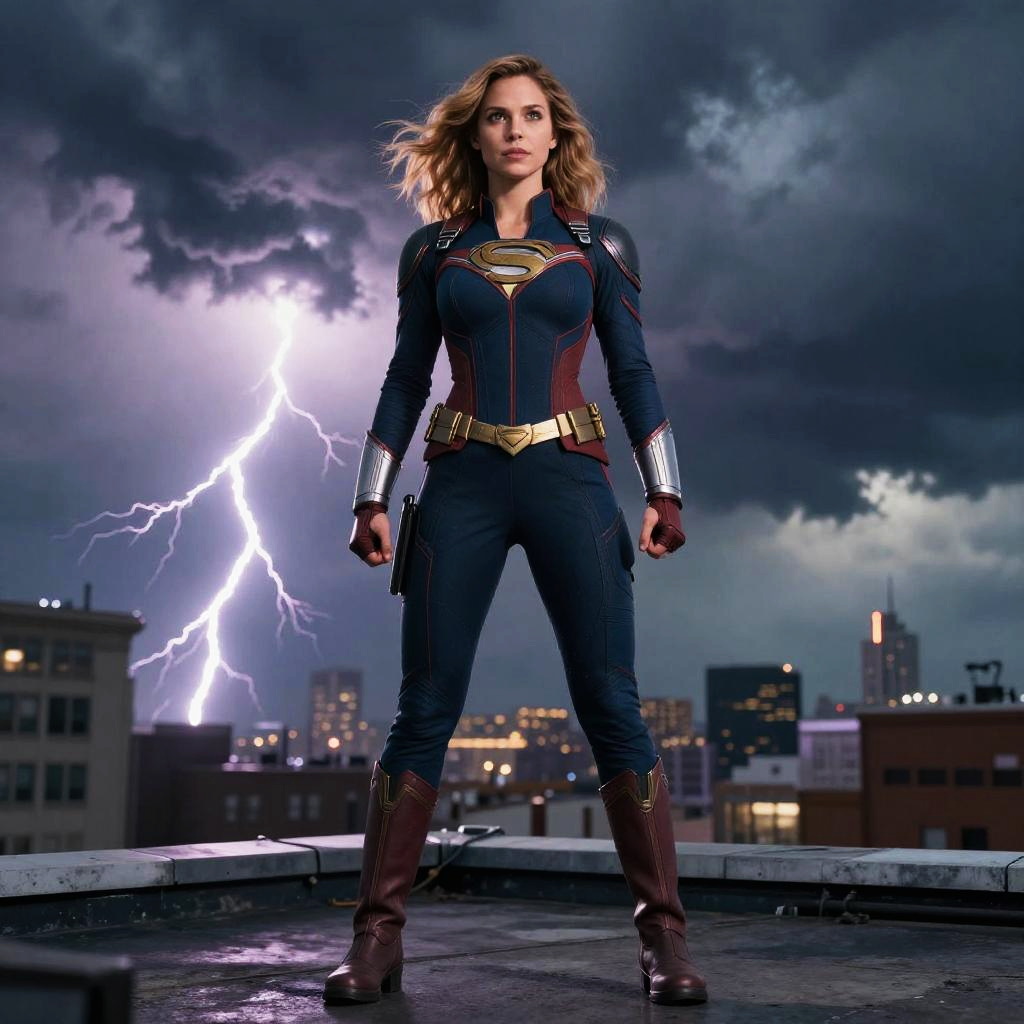 Woman in Modern Superhero Costume on Rooftop with Lightning