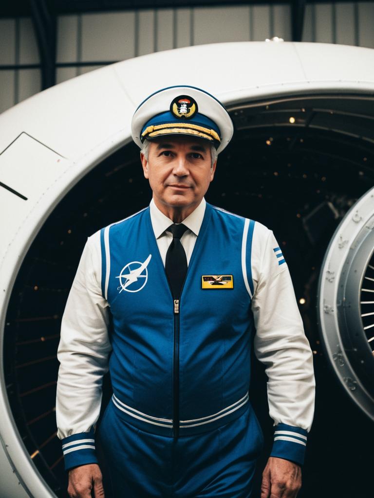 Man in Photorealistic Airliner Pilot Cosplay Costume Studio Portrait