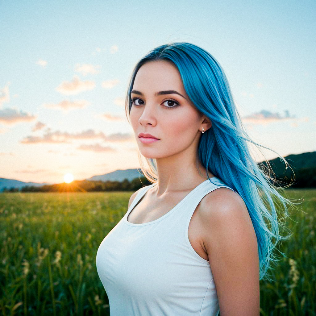 Young Woman with Blue Hair in Sunset Field Young Woman with Blue Hair in Sunset Field